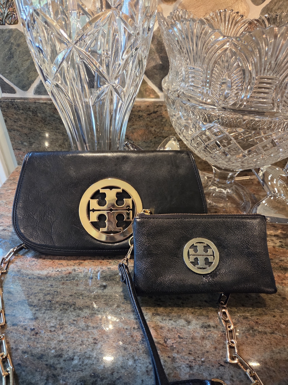 Tory Burch Black Leather Crossbody with Wristlet Set